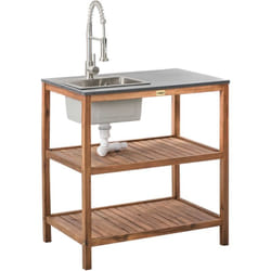 Beliani - Ilot de Cuisine d'Extérieur en Bois d'Acacia 80 x 50 x 83 cm avec 2 Étagères Plateau en Acier Évier et Robinet Marron et Argenté Brucoli