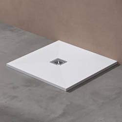 Sogood Receveur de Douche Ultra Plat 80x80x3cm en Solid Surface Blanc Mat Geoma09 avec Bonde