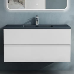 Sogood Meuble de Salle de Bain Suspendu Blanc Mat 100x48x50cm Ensemble de 2 Pièces Meuble avec Lavabo Gris Noir Mat Aqualis