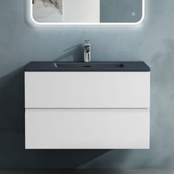 Sogood Meuble de Salle de Bain Suspendu Blanc Mat 80x48x50cm Ensemble de 2 Pièces Meuble avec Lavabo Gris Noir Mat Aqualis