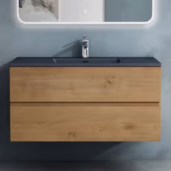 Sogood Meuble de Salle de Bain Suspendu Aspect de Chêne 100x48x50cm Ensemble de 2 Pièces Meuble avec Lavabo Gris Noir Mat Aqu ...