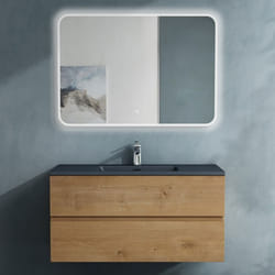 Sogood Meuble de Salle de Bain Suspendu Aspect de Chêne 100x48x50cm Ensemble de 3 Pièces Meuble avec Lavabo et LED Miroir Aqualis