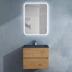 Sogood Meuble de Salle de Bain Suspendu Aspect de Chêne 60x48x50cm Ensemble de 3 Pièces Meuble avec Lavabo et LED Miroir Aqua ...
