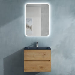 Sogood Meuble de Salle de Bain Suspendu Aspect de Chêne 60x48x50cm Ensemble de 3 Pièces Meuble avec Lavabo et LED Miroir Aqualis