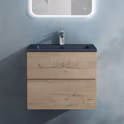 Sogood Meuble de Salle de Bain Suspendu Chêne Clair 60x48x50cm Ensemble de 2 Pièces Meuble avec Lavabo Gris Noir Mat Aqualis