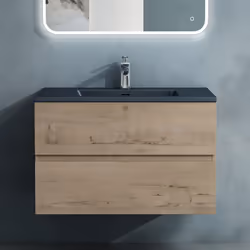 Sogood Meuble de Salle de Bain Suspendu Chêne Clair 80x48x50cm Ensemble de 2 Pièces Meuble avec Lavabo Gris Noir Mat Aqualis