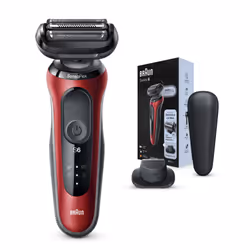 Braun Series 6 60-R1200s, Rasoir à grille, Senso Flex, Acier inoxydable, Boutons, Rouge, LED