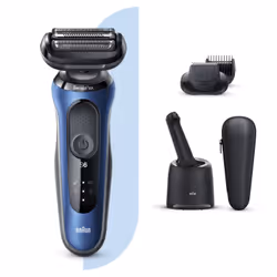 Braun Series 6 60-B7500cc, Rasoir à grille, Senso Flex, Acier inoxydable, Boutons, Bleu, LED