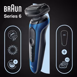 Braun Series 6 61-B1500s, Rasoir à grille, Boutons, Bleu, LED, Batterie, Lithium-Ion (Li-Ion)