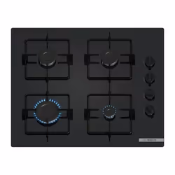 Optez pour la table de cuisson a gaz BOSCH Série 2 POP6B6K30, en verre trempé noir de 60 cm. Avec 4 foyers et des pieds en ca ...