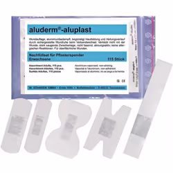 Recharge complète de 5 sets de 115 pansements dans les modèles suivants : 30 aluderm®-aluplast Strips env. 7,2 x 1,9 cm et en ...