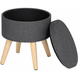 Tabouret rond pouf coffre de rangement repose-pieds, siège en lin pieds en bois massif, 36x 32cm , Gris foncé - Woltu