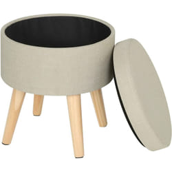 Tabouret Rond Pouf Coffre de Rangement Repose-Pieds, siège en Lin Pieds en Bois Massif, Crème Blanc - Woltu