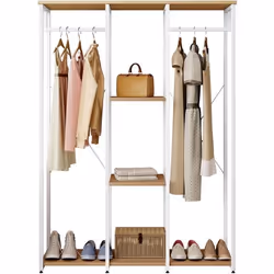 WOLTU Armoire de rangement Porte-manteau Portant à vêtements avec étagère en bois et acier 120 x 40 x 167cmBlanc + chêne clai ...