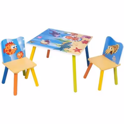 WOLTU Ensemble table et chaises avec motifs imprimé océan 1 x table d’enfant + 2 chaises pour enfants d’âge préscolaire