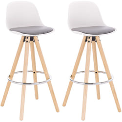 Lot de 2 Tabourets de bar en similicuir, Tabouret de cuisine avec dossier et repose-pied, Pieds en bois massif, Gris + Blanc - Woltu