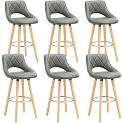Lot de 6 Tabouret de bar, en Cuir synthétique et bois massif avec dossier et repose-pieds, 43x43x91cm, Gris - Woltu