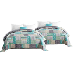 Woltu - Lot de 2 Couvre-Lits, Design Patchwork Couette boutis imprimée, jeté de lit, Gris+vert, 220x240 cm