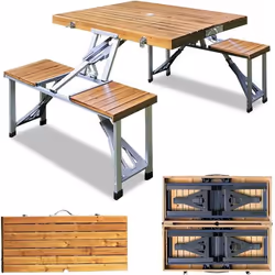 Ensemble table et chaises en alu pliant 4 places bois pique-nique camping salon