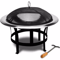 Brasero de jardin en acier inoxydable DEUBA - Ø 75cm - Bois - Avec grille anti-étincelles et tisonnier