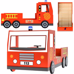 Casaria® Lit Enfant Camion de Pompier Rouge 90x200 cm Barrière Anti-Chute Sommier à Lattes Sirène & Lumière Charge 120 kg
