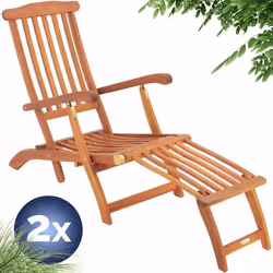 2X Chaise Longue en Bois Queen Mary - transat Bain de Soleil Chaise de Jardin siège Relax