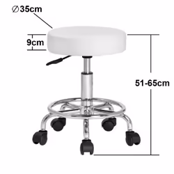 Tabouret à roulettes Siège rembourré pivotant rotatif 360 Hauteur réglable Blanc