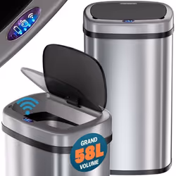 Poubelle automatique en acier inoxydable 58 litres argent Poubelle de cuisine avec support de sac Capteur de mouvement