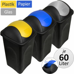 Lot de 3 Poubelles de recyclage Couvercle à bascule 60L Verre papier plastique