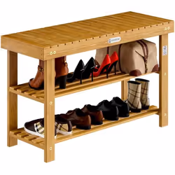 2en1 Meuble à Chaussures et Banc en Bois dacacia Dur et Robuste 90cm Étagère à Chaussures 2 tablettes avec Banc Rangement Arm ...