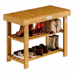 2en1 Meuble à Chaussures et Banc en Bois dacacia Dur et Robuste 70cm Étagère à Chaussures 2 tablettes avec Banc Rangement Arm ...