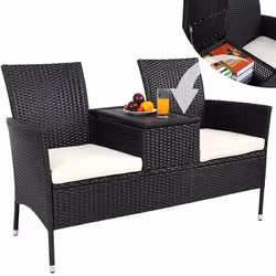 Banc de jardin en polyrotin 2 places avec coussins espace de rangement 143 x 64 x 88 cm Salon de jardin extérieur noir
