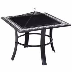 Brasero carré Runedak 76 cm acier laqué pierres mosaïque accessoires couvercle jardin terrasse feu bois charbon briquette bar ...