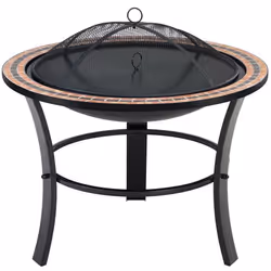 Brasero rond Fuoco Ø 76 cm acier laqué pierres mosaïque accessoires couvercle jardin terrasse feu bois charbon briquette barb ...