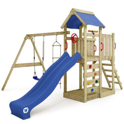 Aire de jeux Portique bois MultiFlyer avec balançoire et toboggan bleu WICKEY