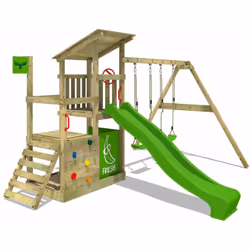 Aire de jeux en bois FruityForest Fun XXL avec SuperSwing La tour de jeux FATMOOSE FruityForest Fun XXL est le cabanon de pla ...
