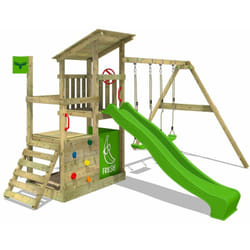 Fatmoose - Aire de jeux FruityForest - Vert pomme - Avec balançoire - Toboggan - Maison enfant extérieur - Bac à sable - Échelle d'escalade