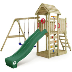 Wickey - Aire de jeux MultiFlyer - Toit en bois - Balançoire - Toboggan - Maison enfant extérieur - Bac à sable - Échelle d'escalade - Accessoires de