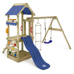 Wickey - Aire de jeux FreshFlyer avec balançoire & toboggan, maison sur pilotis avec bac à sable, échelle d'escalade & accessoires de jeu - bleu