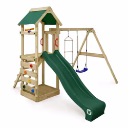 WICKEY Aire de jeux Portique bois FreeFlyer avec balançoire et toboggan vert Maison enfant extérieure avec bac à sable