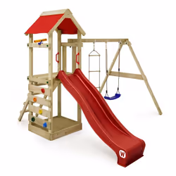 WICKEY Aire de jeux Portique bois FreeFlyer avec balançoire et toboggan rouge Maison enfant extérieure avec bac à sable