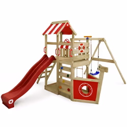 Aire de jeux en bois WICKEY SeaFlyer avec balançoire toboggan et bac à sable - Rouge