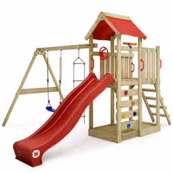 Aire de jeux en bois WICKEY MultiFlyer avec balançoire toboggan et bac à sable - Rouge