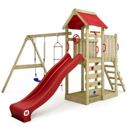 Aire de jeux en bois WICKEY MultiFlyer avec balançoire toboggan et bac à sable - Rouge