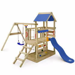 Wickey Spielturm TurboFlyer Kletterturm Spielplatz mit Sandkasten Schaukel Kletterwand und Strickleiter, blaue Rutsche + blau ...