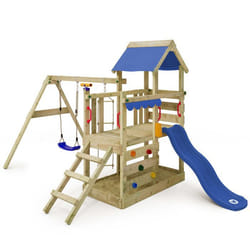 Wickey Spielturm TurboFlyer Kletterturm Spielplatz mit Sandkasten Schaukel Kletterwand und Strickleiter, blaue Rutsche + blaue Plane