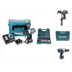 Makita - dhp 458 rtj Perceuse visseuse à percussion sans fil 91Nm 18V + 2x Batteries 5,0 Ah + Chargeur + Jeu d'embouts et de forets 100 pcs + Makpac