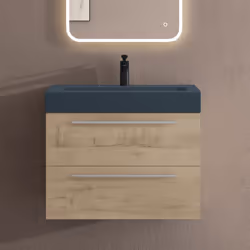Sogood Meuble de Salle de Bains Chêne Clair Ensemble de 2 Pièces Meuble Suspendu avec Lavabo 73 cm Design Quadratto