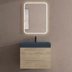 Sogood Meuble de Salle de Bains Chêne Clair Ensemble de 3 Pièces Meuble Suspendu avec Lavabo 73 cm et Miroir LED Design Quadratto