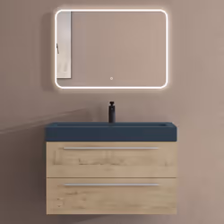 Sogood Meuble de Salle de Bains Chêne Clair Ensemble de 3 Pièces Meuble Suspendu avec Lavabo 90 cm et Miroir LED Design Quadr ...